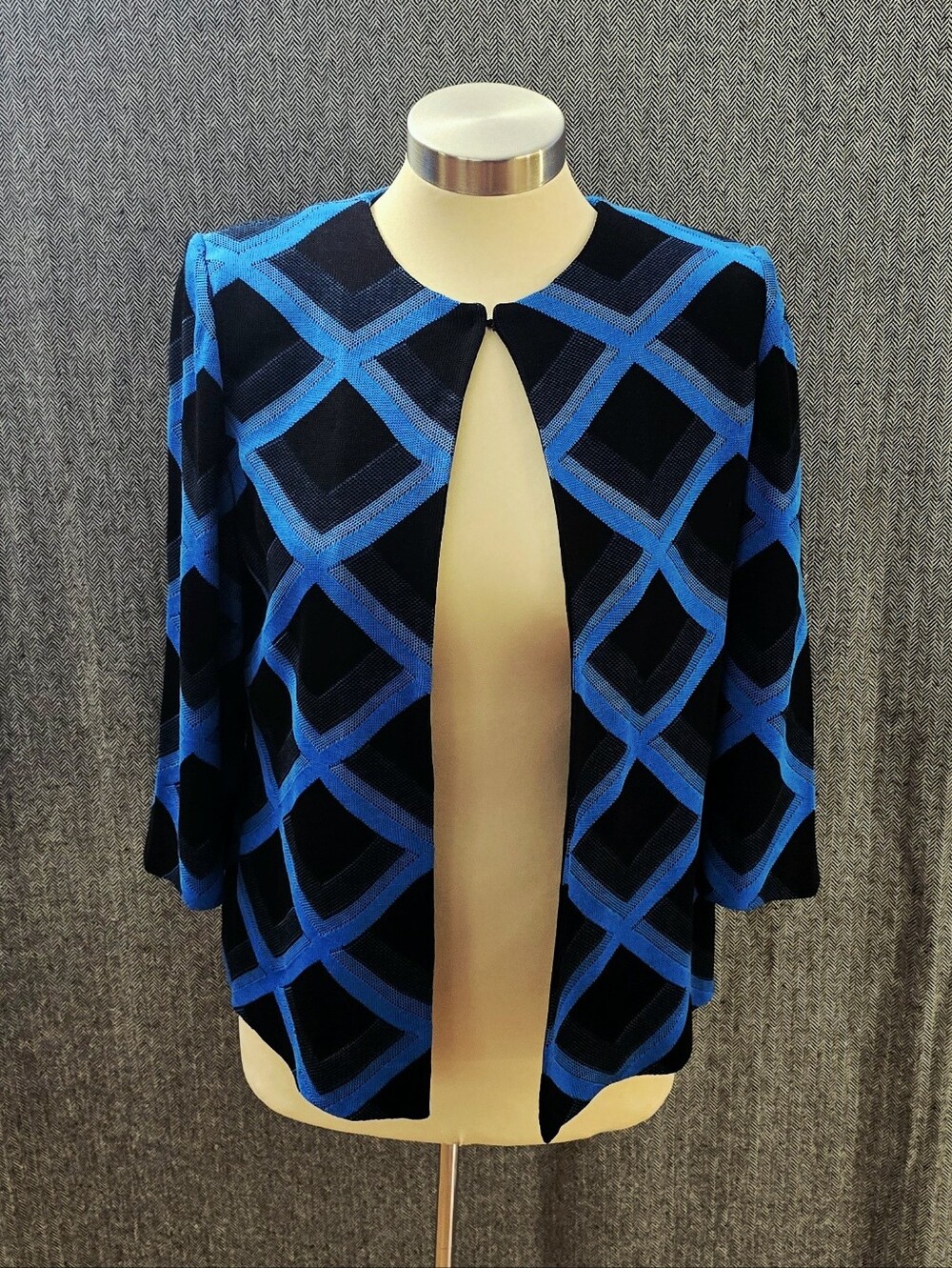 Ming Wang Women Cardigan Jacket Black And Blue Geometric Print